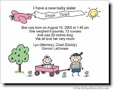 Pen At Hand Stick Figures Birth Announcements - New Sibling Pink Wagon (color)